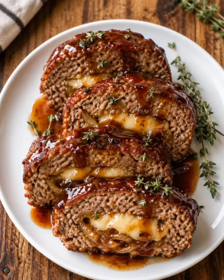 French Onion Stuffed Meatloaf (Cheesy Caramelized Onion Center!)