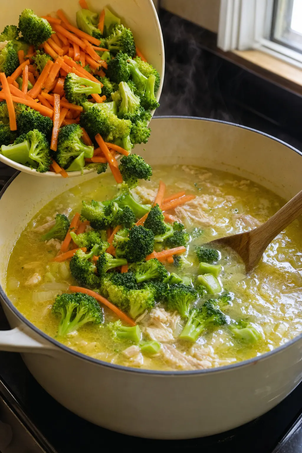 fresh broccoli florets and julienned carrots being added to simmering cheddar soup base