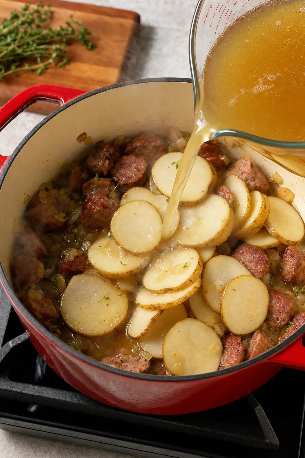 thinly sliced russet potatoes and chicken broth simmering in Dutch oven