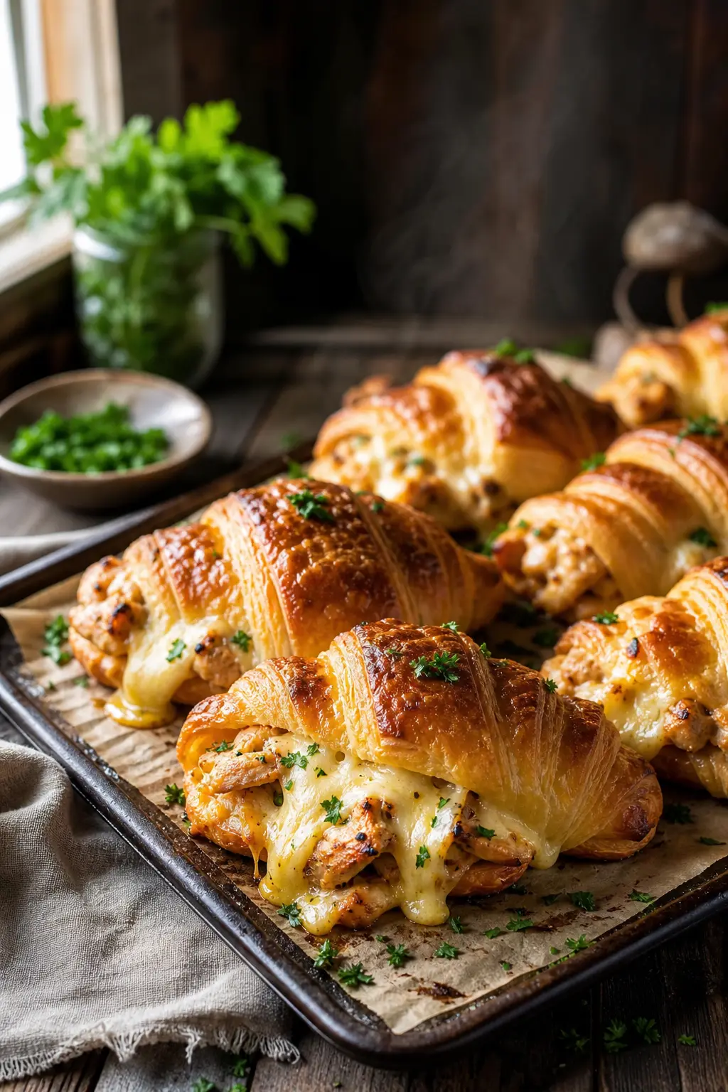 freshly baked golden cheesy chicken stuffed croissants on parchment with steam rising
