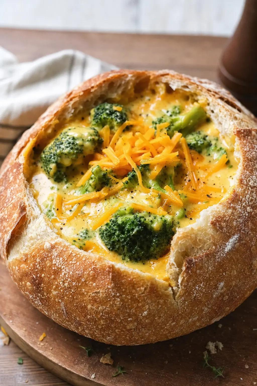 broccoli cheddar soup served in sourdough bread bowl just like Panera