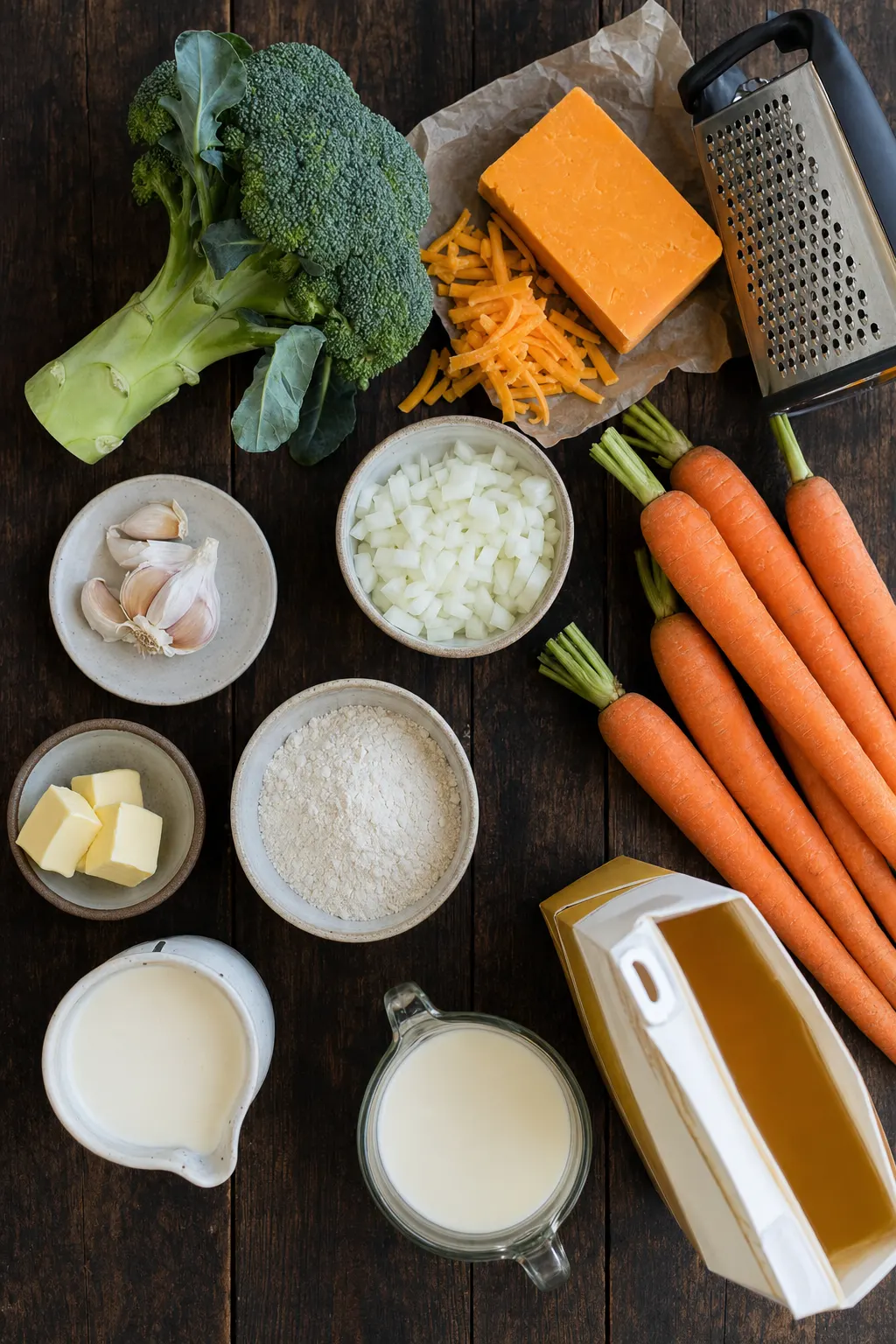 broccoli cheddar soup ingredients including fresh broccoli sharp cheddar block carrot and cream