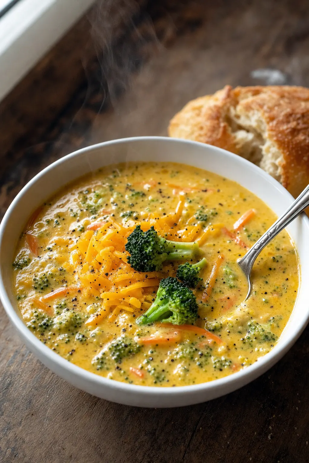 broccoli cheddar soup Panera copycat in white bowl with melted cheddar and fresh broccoli