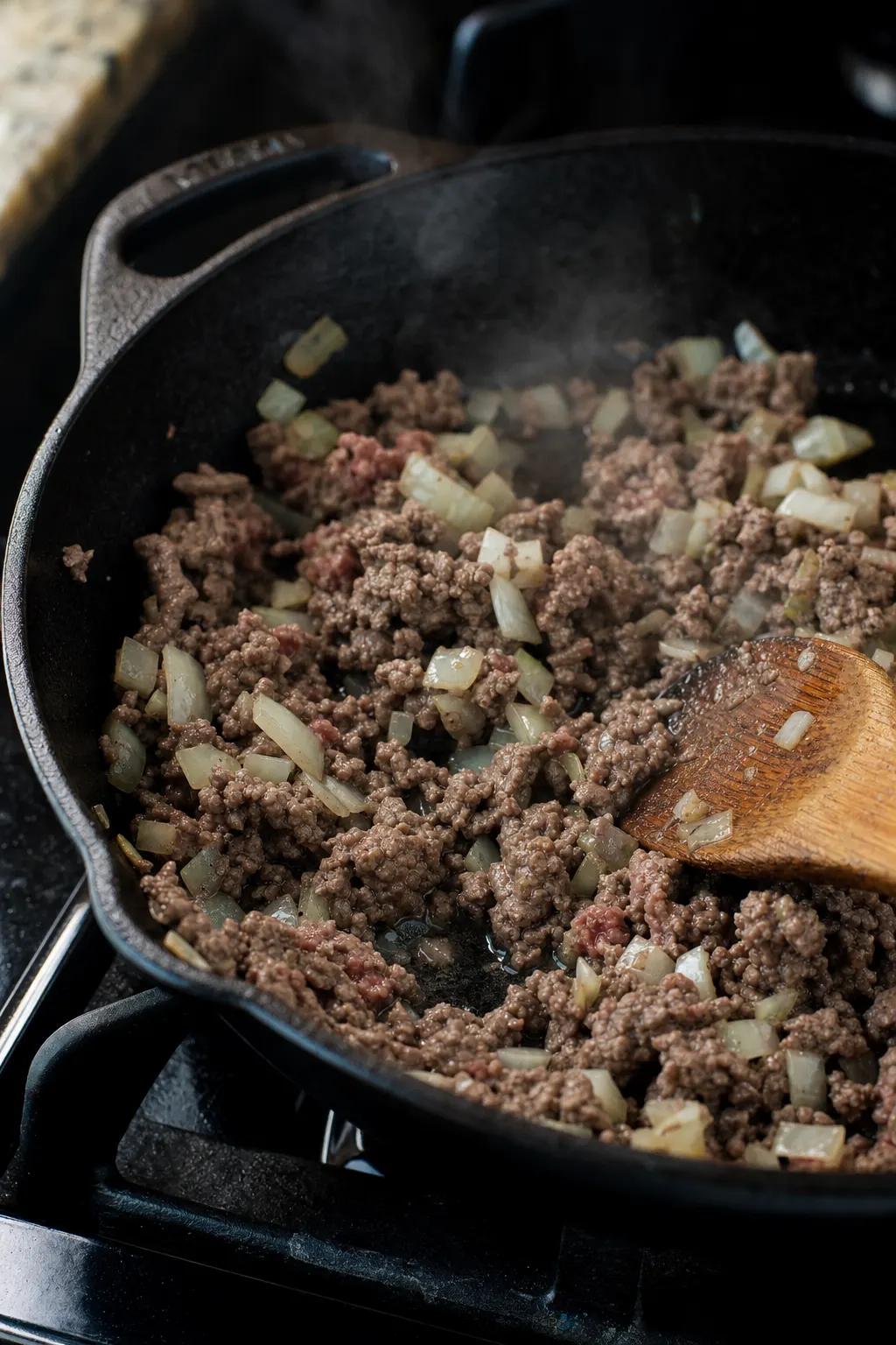 ground beef and diced onion browning in cast iron skillet for cowboy casserole