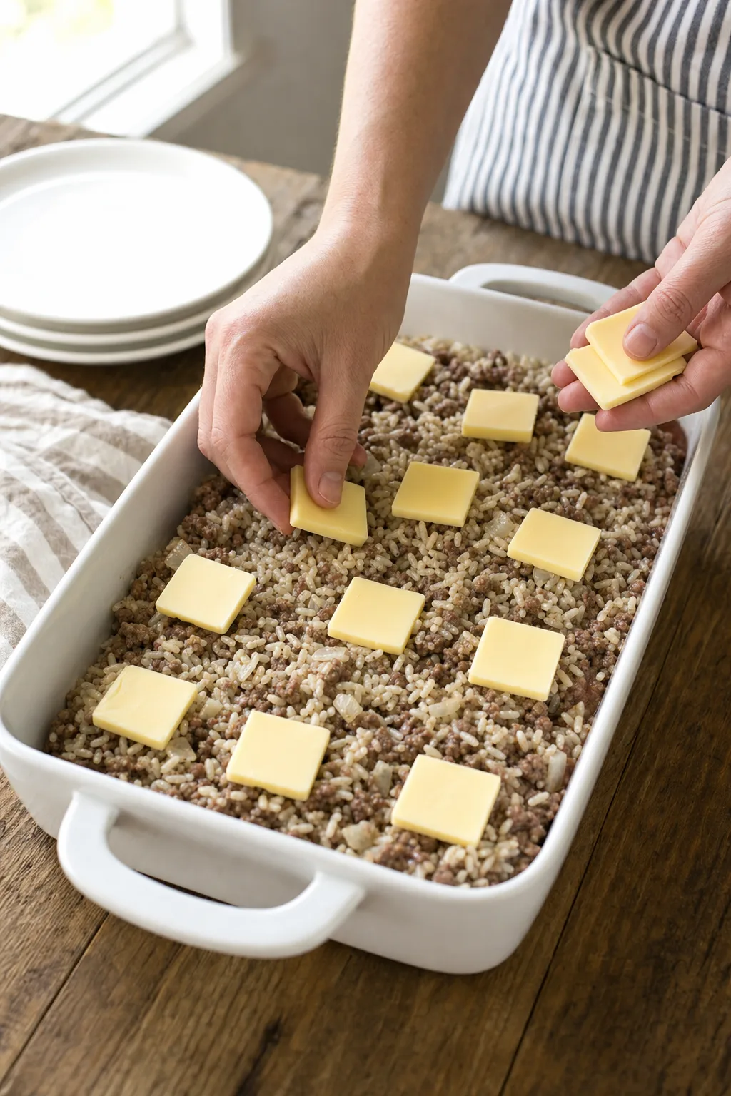 whole stick of butter sliced into pats laid evenly over rice casserole before baking
