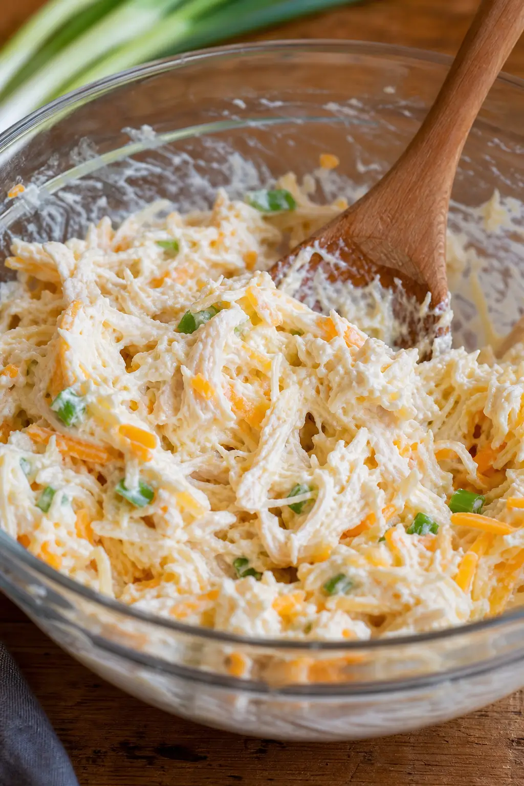 creamy cheesy chicken filling mixed in bowl with wooden spoon