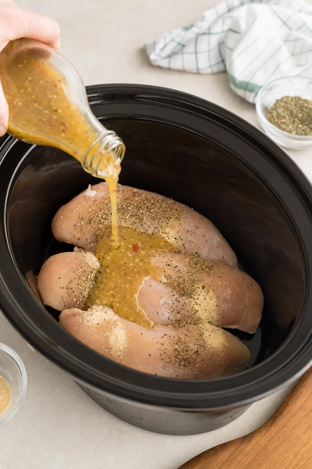 chicken breasts in slow cooker with Italian dressing being poured over