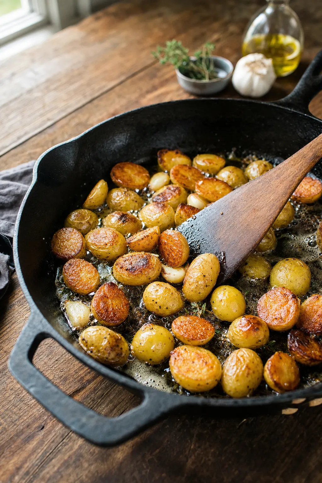 baby potatoes cooking cut-side down in cast iron skillet getting golden and crispy