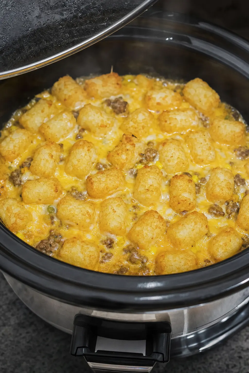 finished cowboy casserole in slow cooker with golden tater tots and melted cheese on top