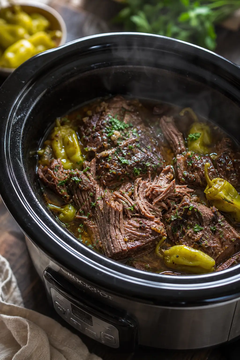 Crockpot Mississippi pot roast shredded with pepperoncini in a slow cooker