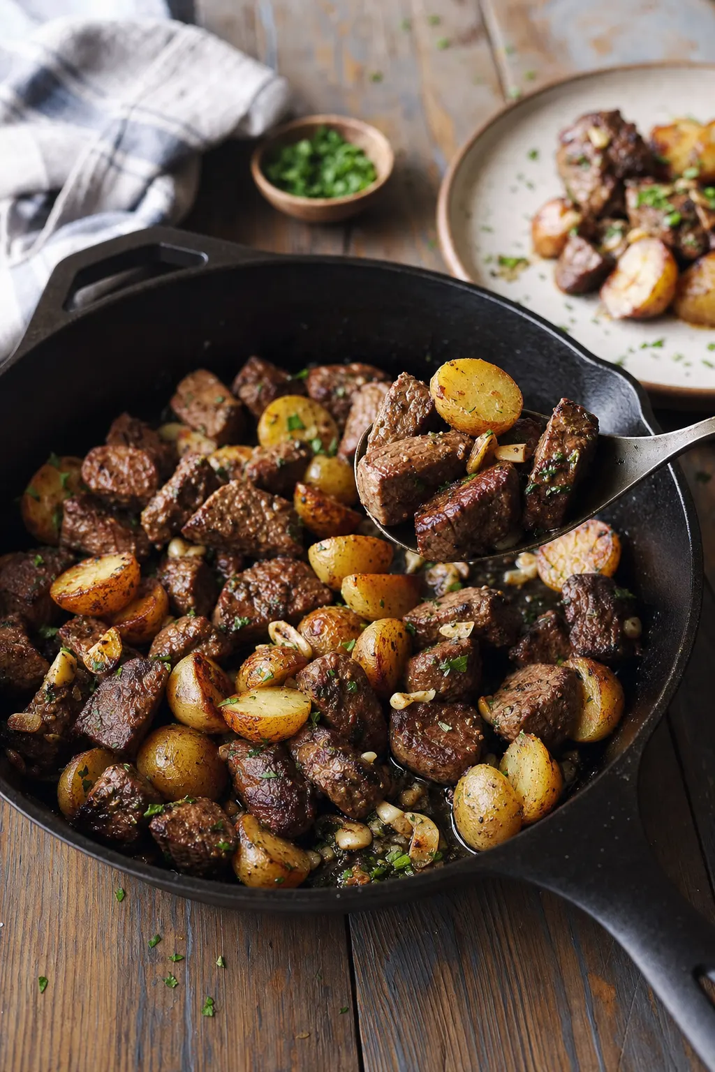 garlic butter steak bites and potatoes being served from cast iron skillet at table