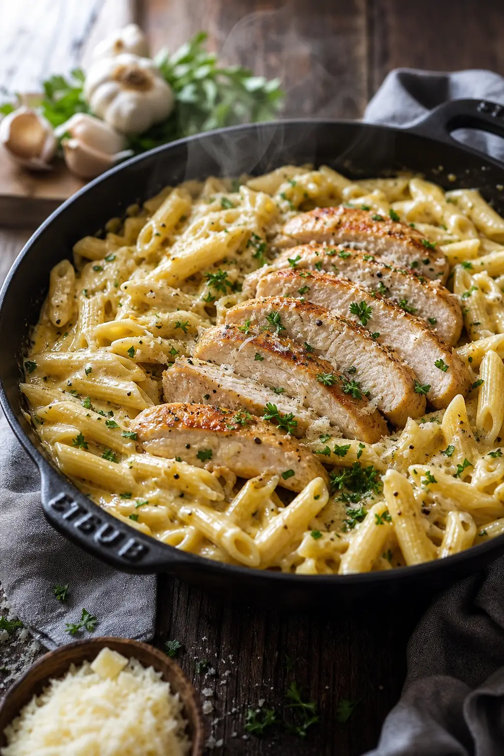 Garlic parmesan chicken pasta in a creamy sauce in a cast iron skillet