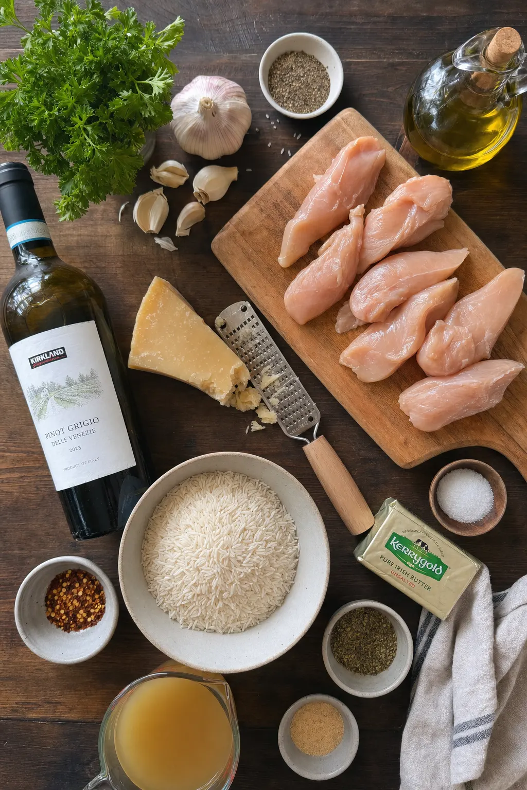 garlic parmesan chicken and rice ingredients flat lay including chicken tenders parmesan and garlic