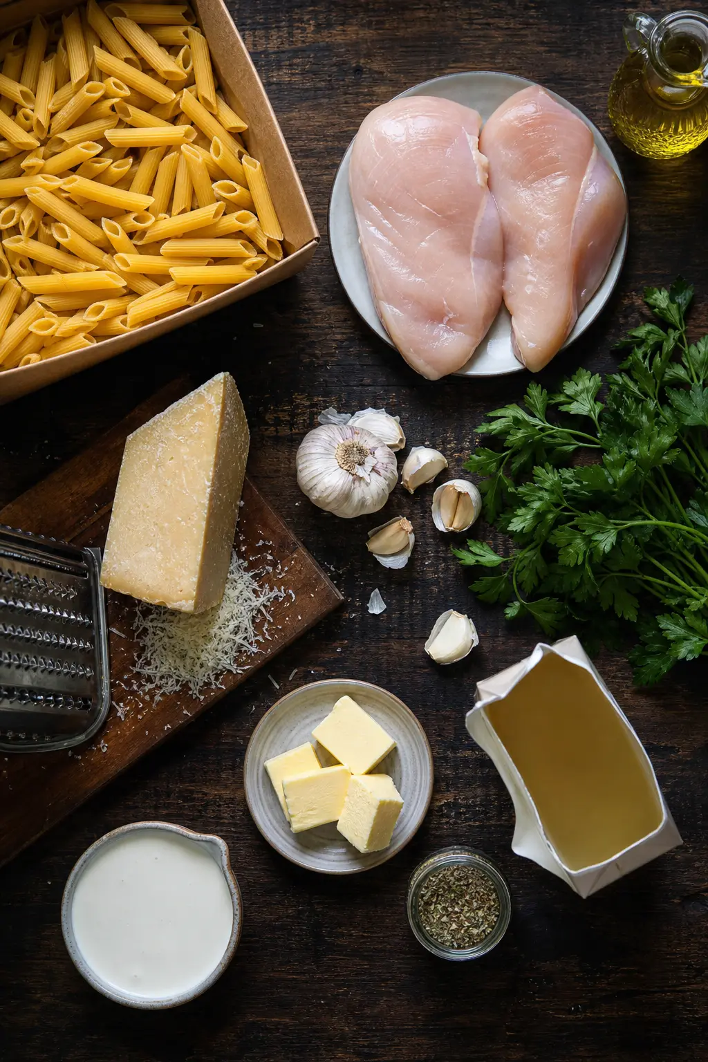 garlic parmesan chicken pasta ingredients including chicken, penne pasta, parmesan and garlic