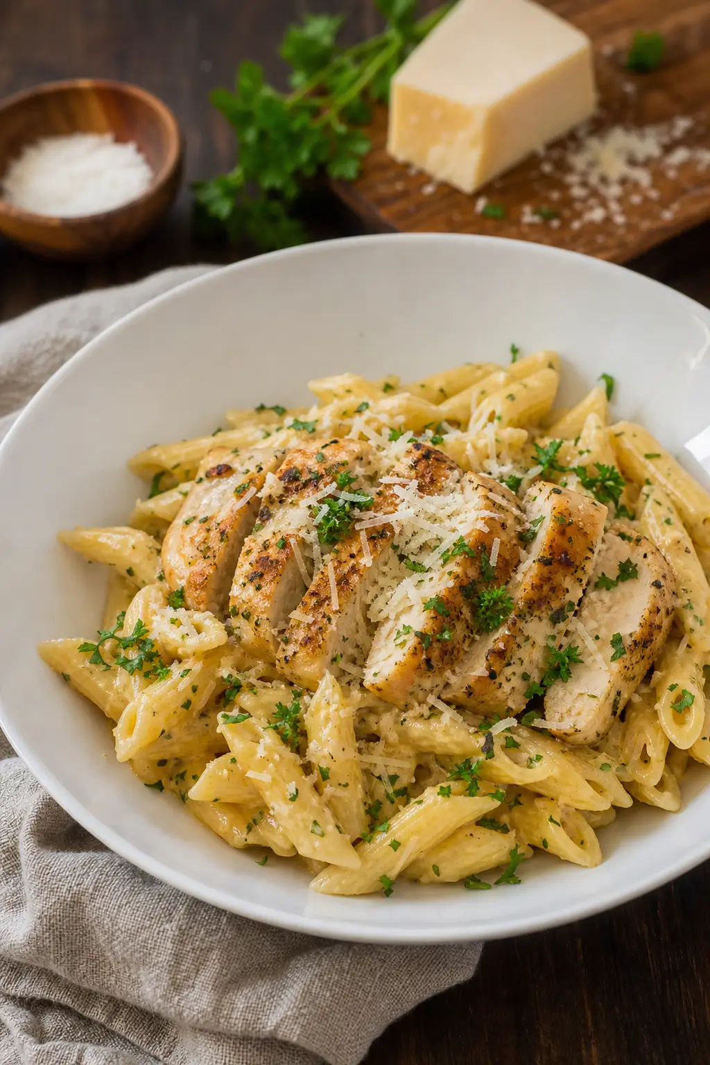garlic parmesan chicken pasta served in white bowl with parmesan and fresh parsley