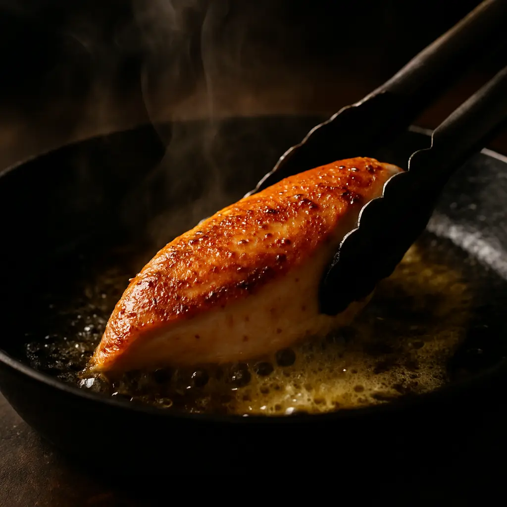 golden seared chicken breast in cast iron skillet