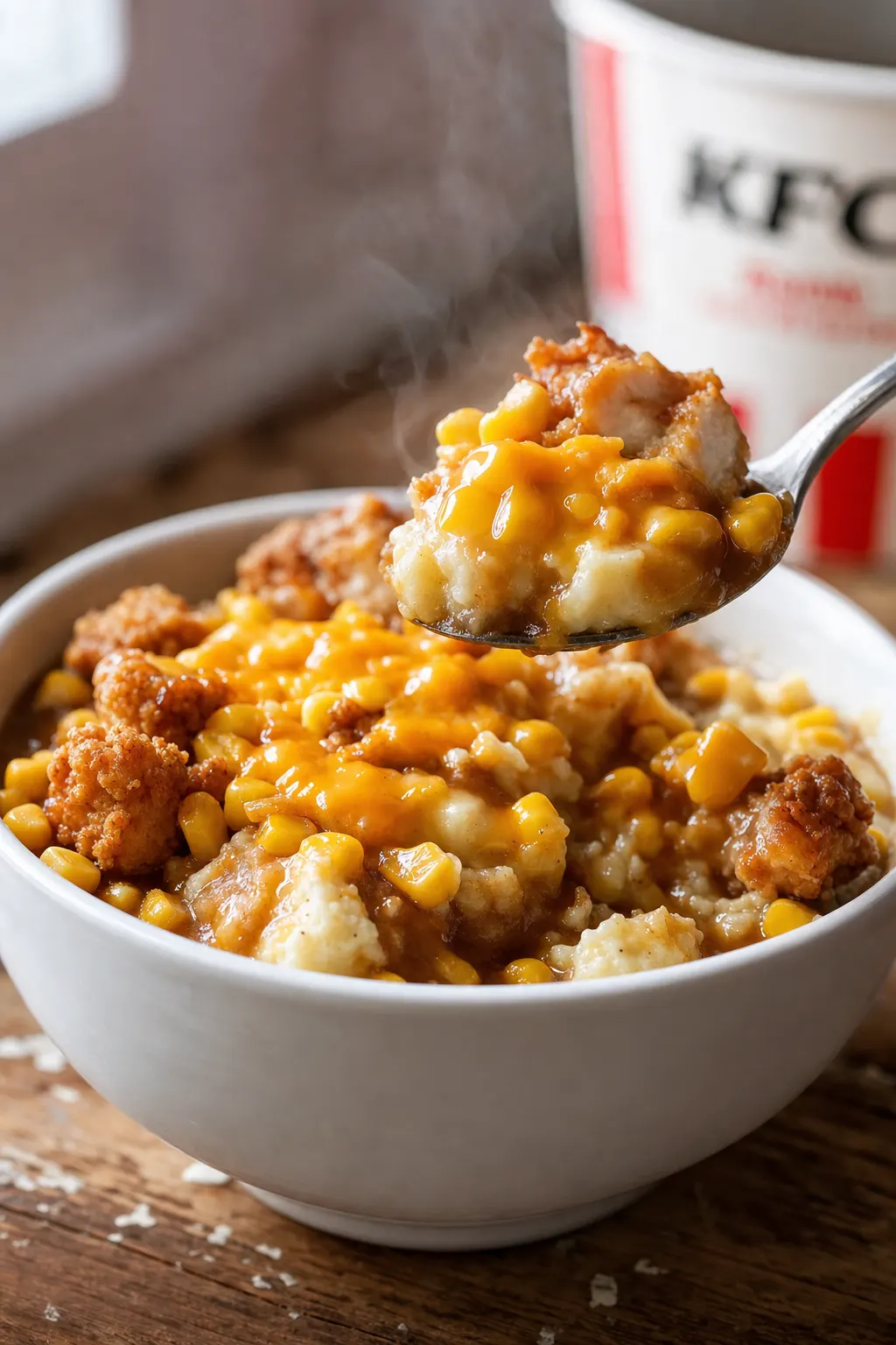 KFC famous bowl casserole served in deep white bowl showing all layers with popcorn chicken corn potatoes gravy and cheese