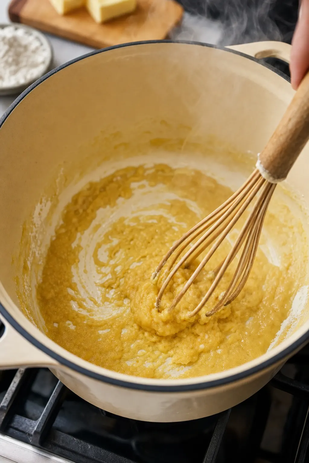 butter and flour roux being whisked in Dutch oven for broccoli cheddar soup