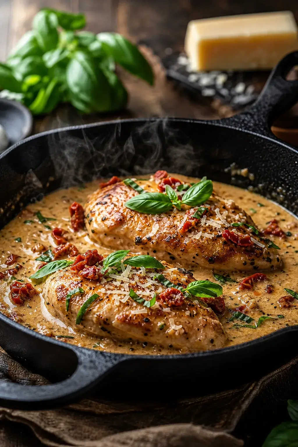 Marry Me Chicken in a creamy sun-dried tomato sauce in a skillet