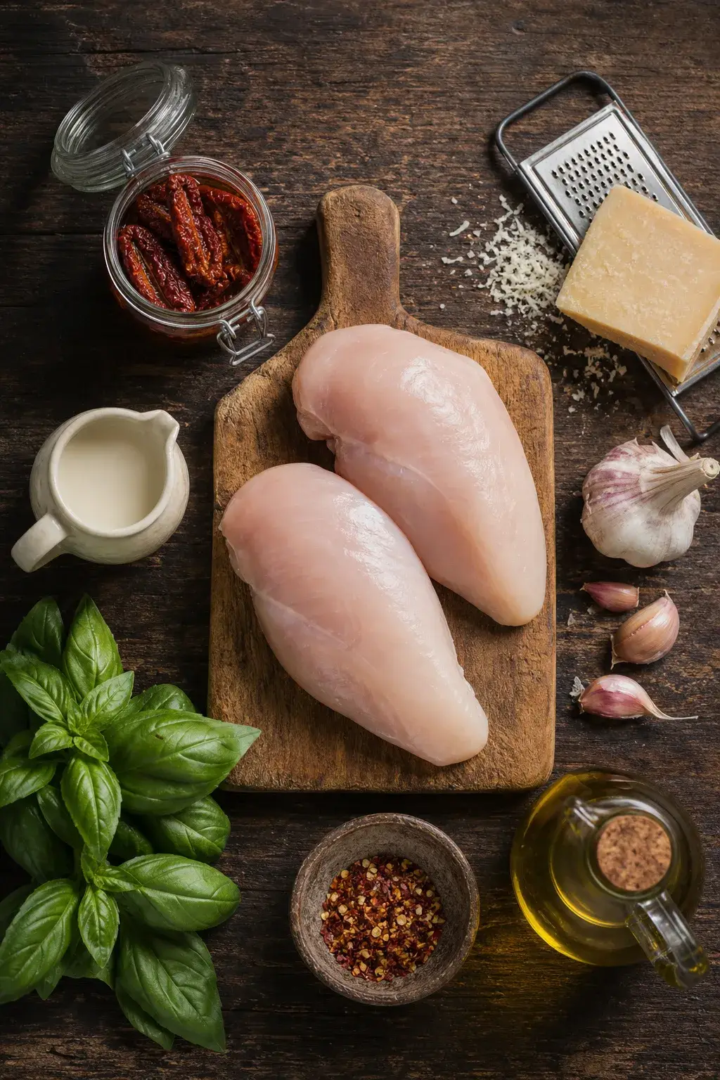marry me chicken ingredients flat lay