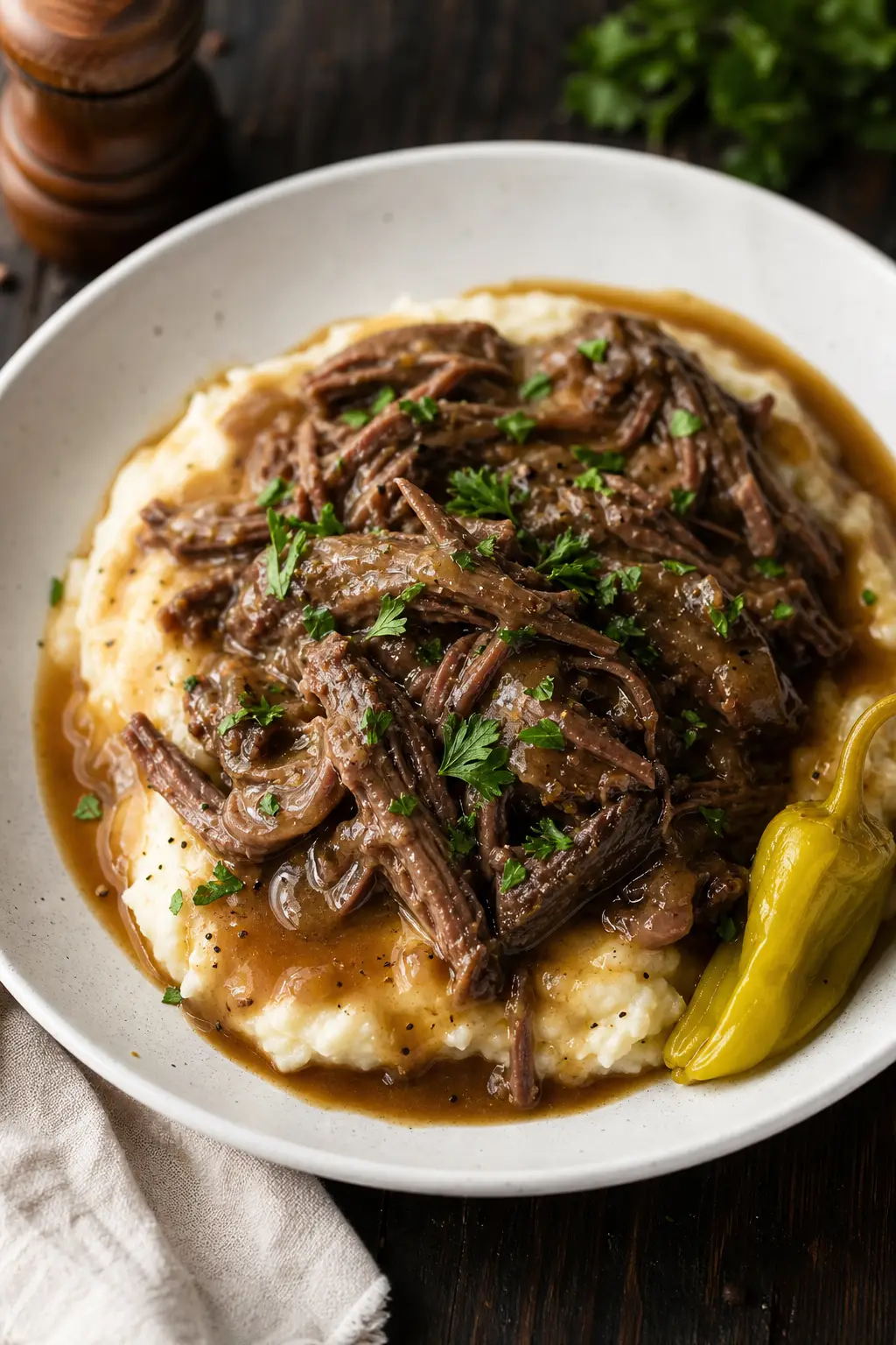 mississippi pot roast served over creamy mashed potatoes with rich au jus gravy and parsley