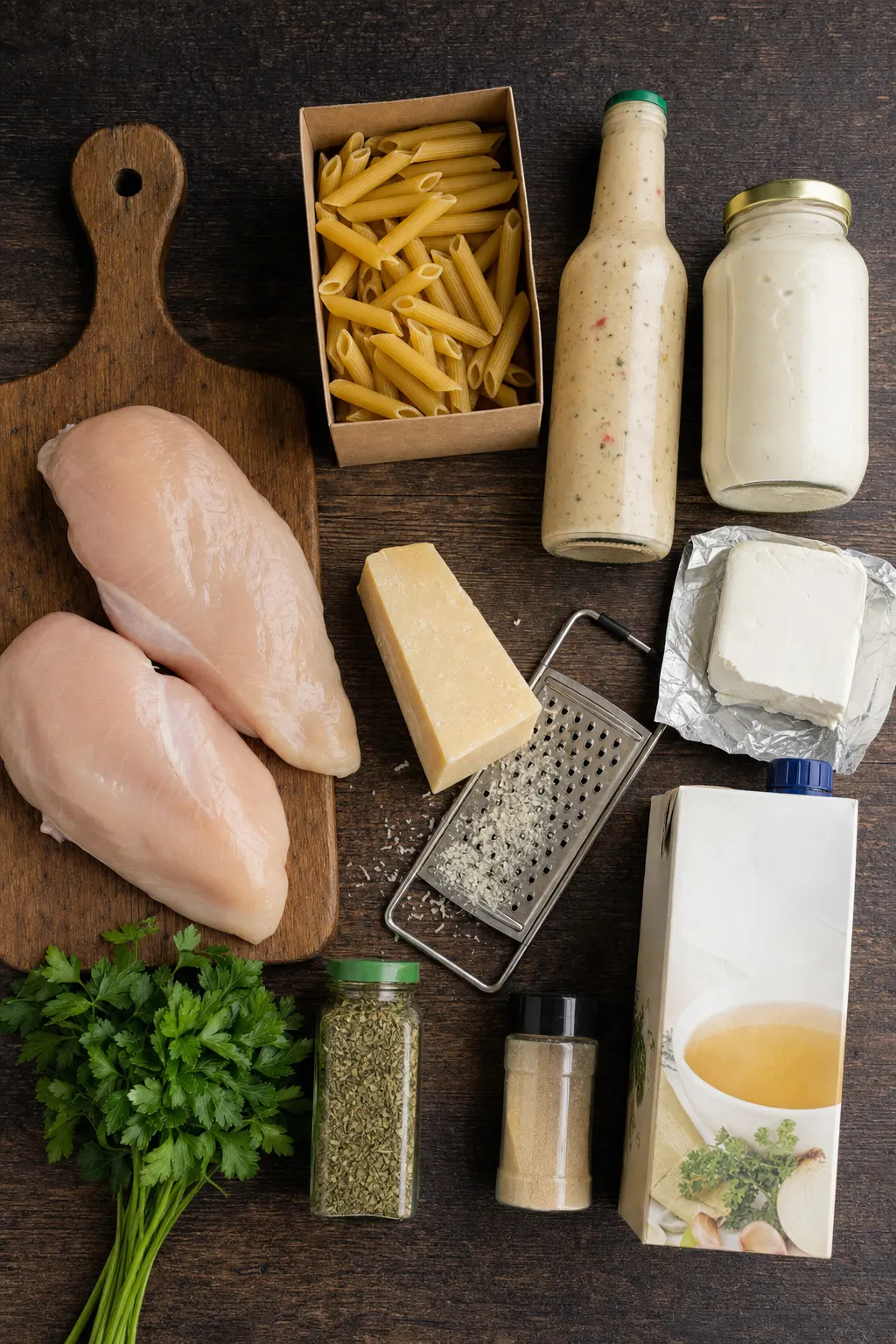 olive garden chicken pasta ingredients including chicken Italian dressing Alfredo sauce cream cheese and parmesan