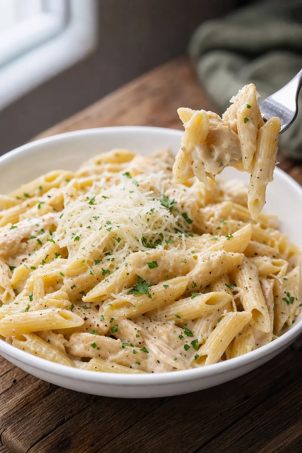 olive garden chicken pasta served in deep white bowl with generous parmesan and fresh parsley