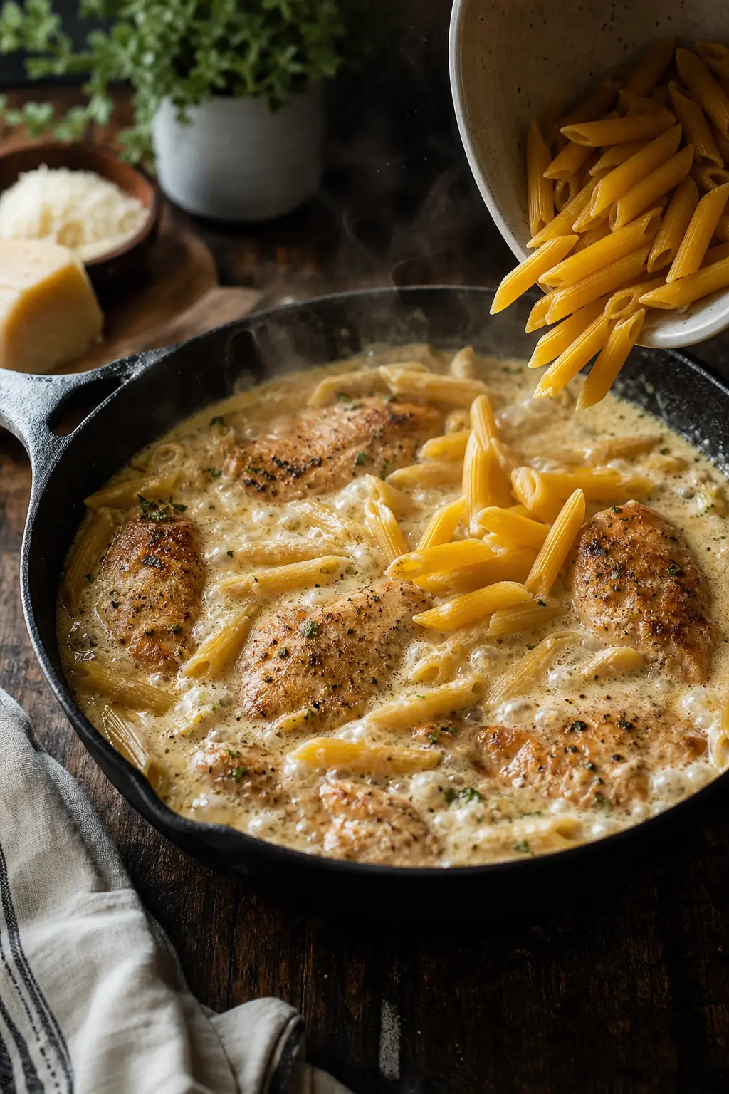 penne pasta added to bubbling garlic cream sauce with chicken pieces in one pot