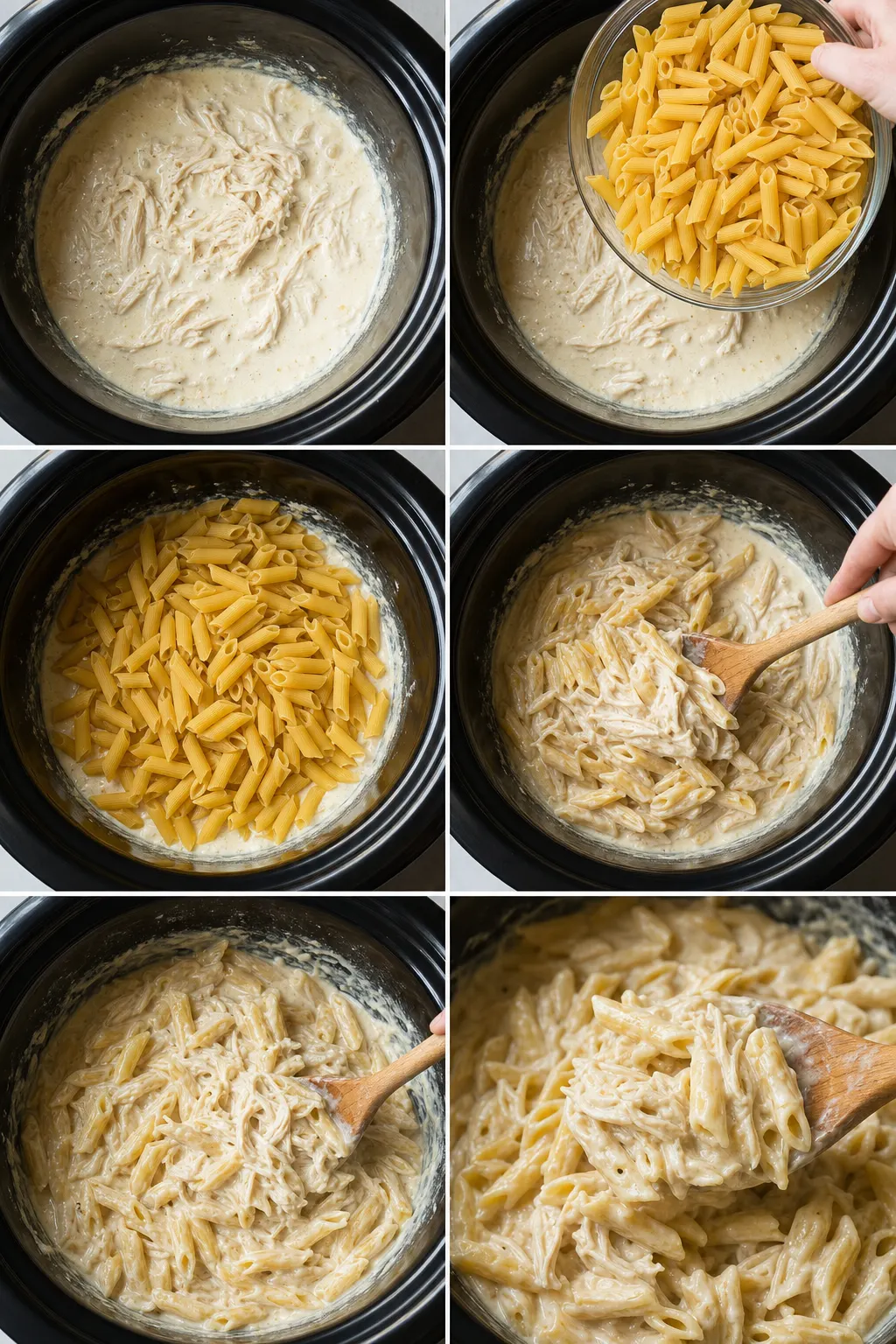 penne pasta being stirred into creamy olive garden Alfredo chicken sauce in slow cooker