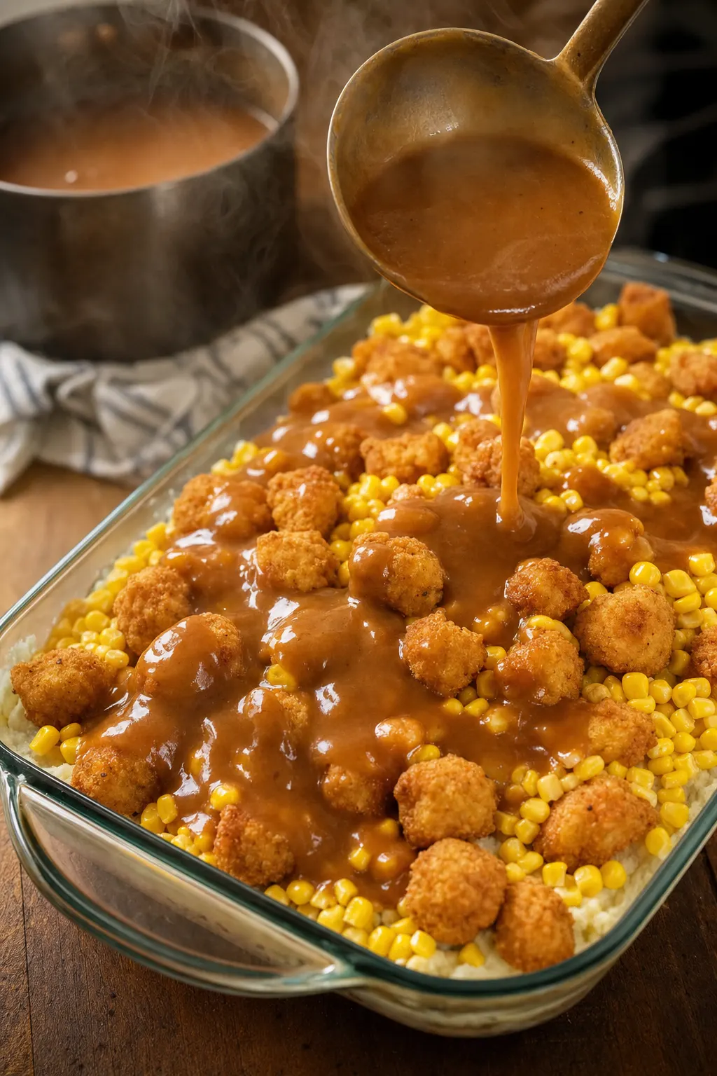 warm chicken gravy being poured over popcorn chicken and corn in white baking dish