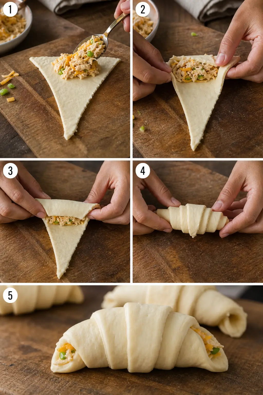 hands rolling cheesy chicken filling inside crescent dough triangle