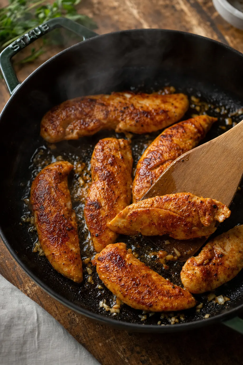 golden seared chicken tenders in dark cast iron skillet with garlic and butter