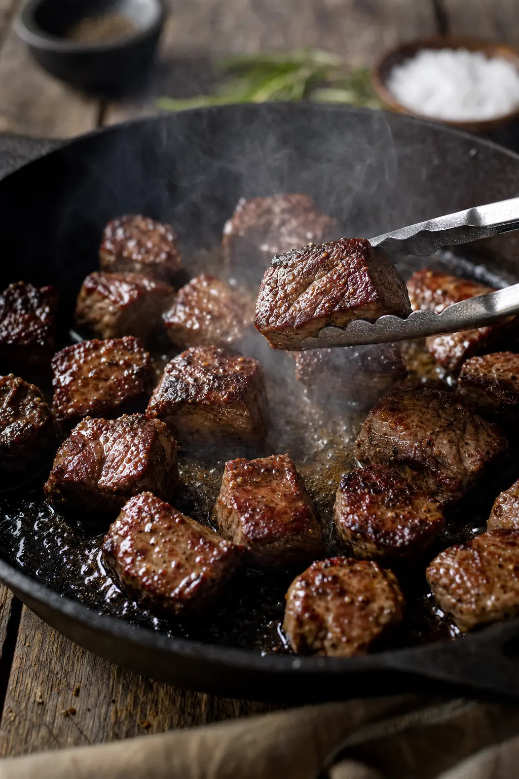 sirloin steak bite cubes with dark mahogany sear crust in screaming hot cast iron skillet