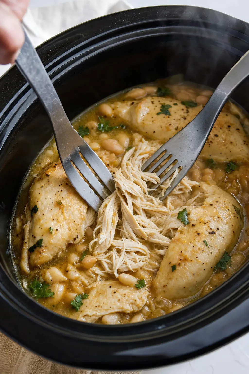 shredding tender cooked chicken in slow cooker with two forks for white chicken chili