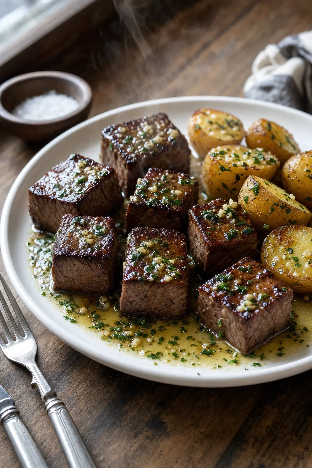 close up of garlic butter steak bites with perfect dark sear crust and pink medium-rare interior with golden baby potatoes