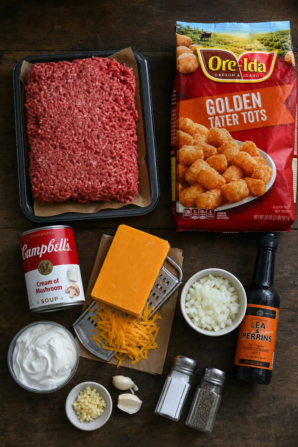 tater tot casserole ingredients including ground beef cream of mushroom soup cheddar cheese and frozen tater tots