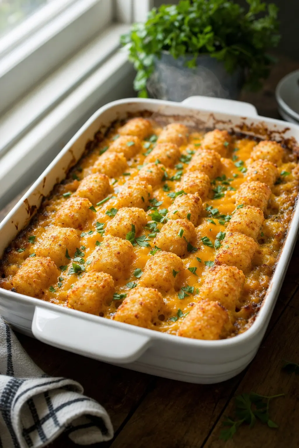 classic tater tot casserole with crispy golden tater tots and bubbling cheddar cheese in white baking dish