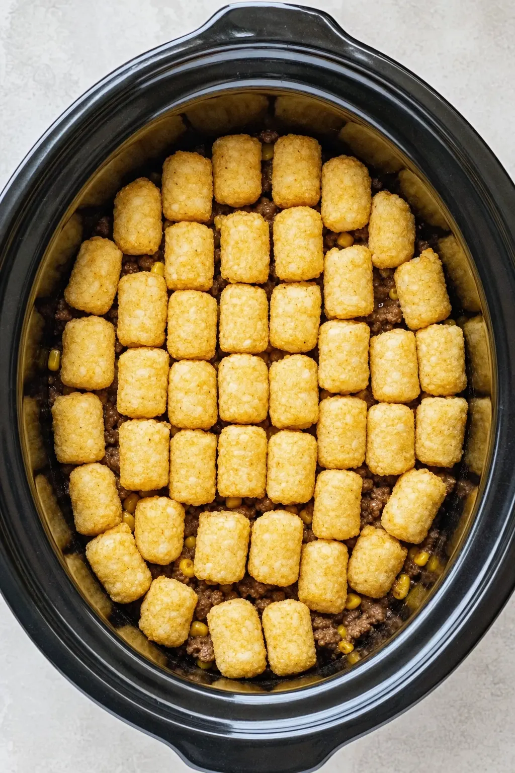 frozen tater tots being arranged in single layer on top of cowboy casserole in slow cooker