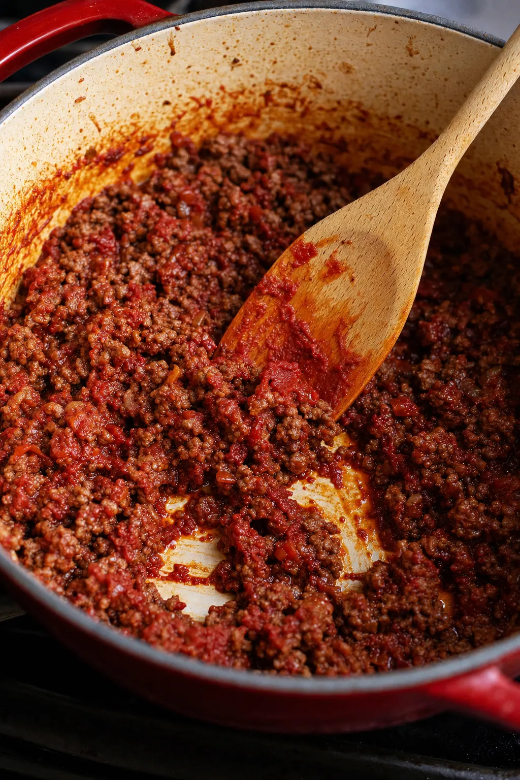 tomato paste being stirred and toasted with browned meat in Dutch oven