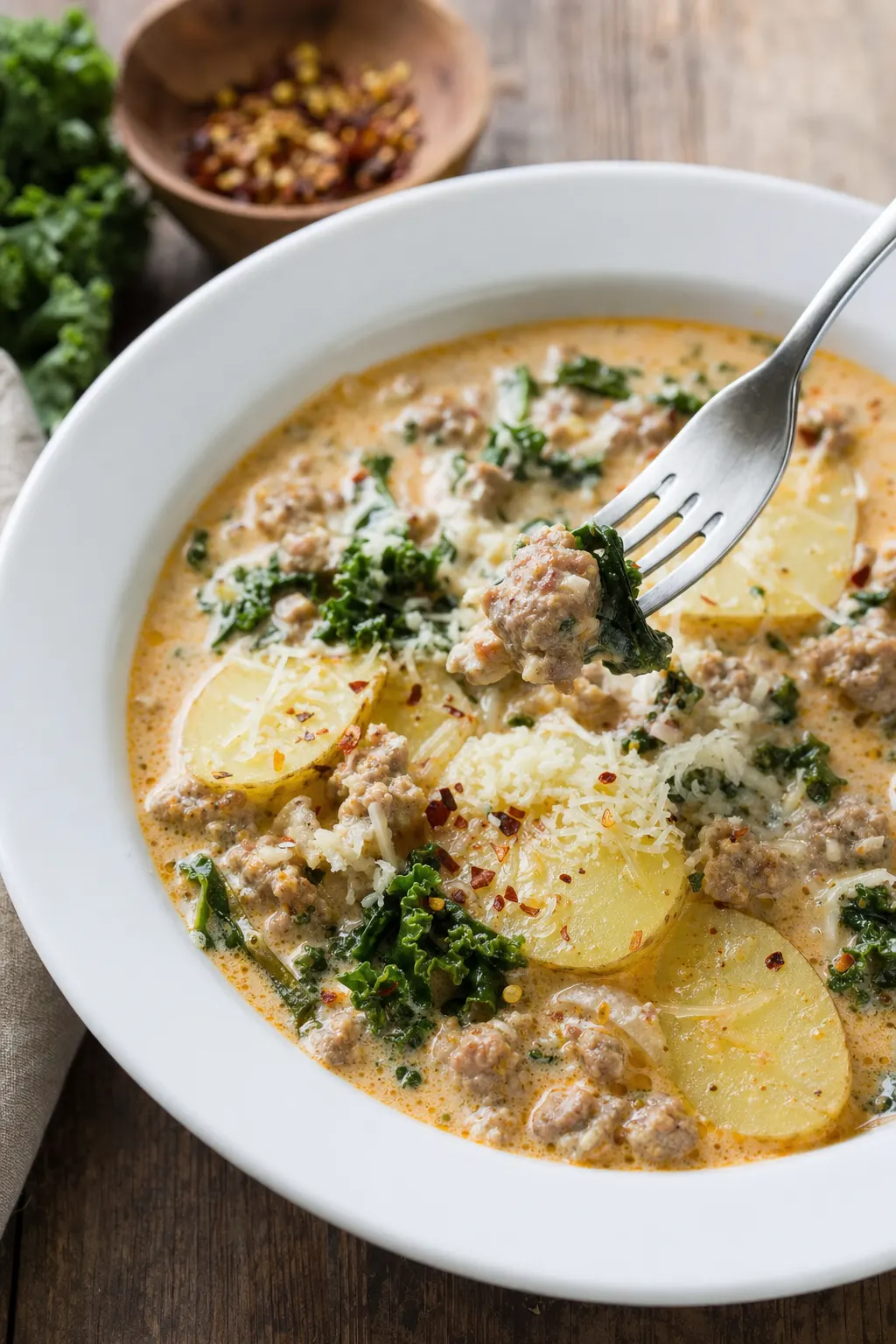 zuppa toscana served in white bowl with parmesan red pepper flakes and crusty bread