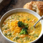 broccoli cheddar soup Panera copycat in white bowl with melted cheddar and fresh broccoli