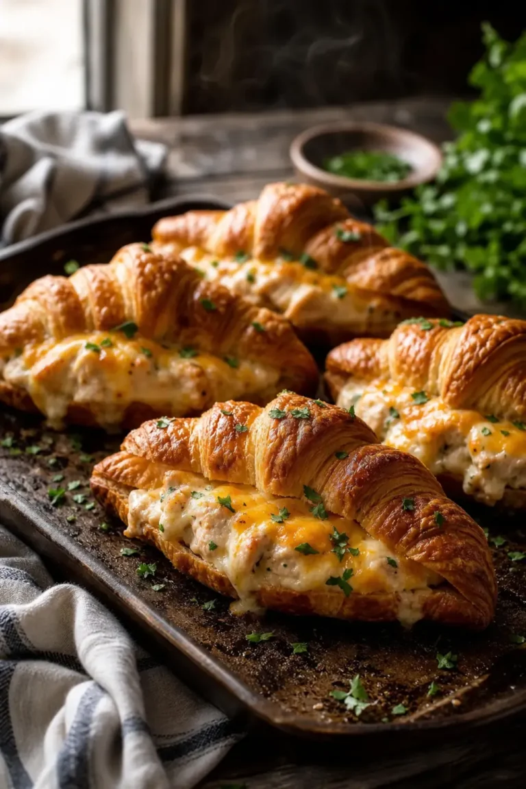cheesy chicken stuffed croissants golden and flaky on baking sheet
