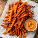 Crispy baked sweet potato fries sprinkled with spices, served on parchment paper next to a bowl of dipping sauce