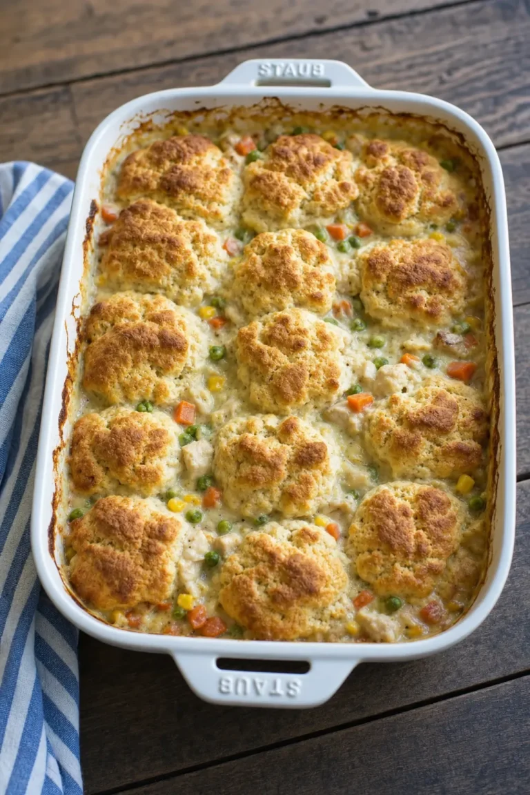 chicken pot pie bubble up casserole with golden puffy biscuits and creamy chicken filling in white baking dish