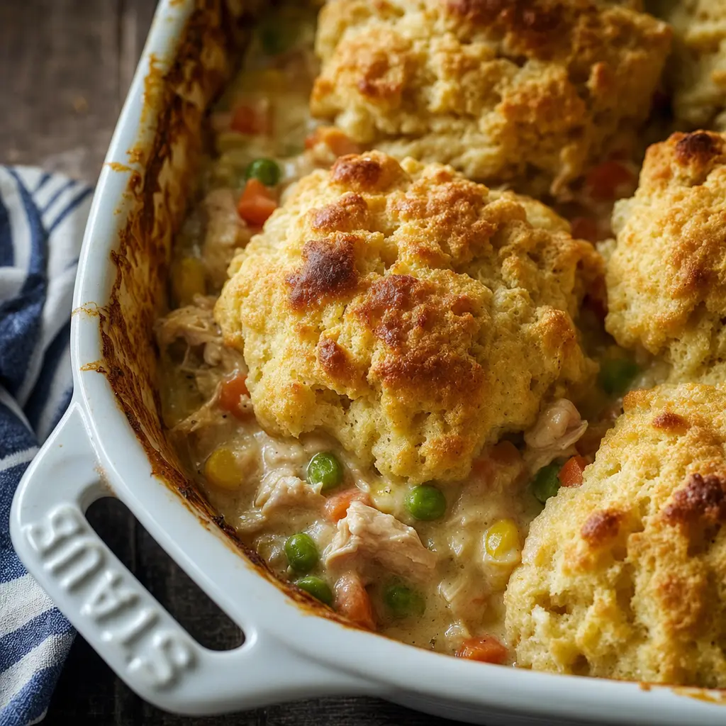 spoon lifting portion of chicken pot pie bubble up showing golden biscuit and creamy chicken vegetable filling