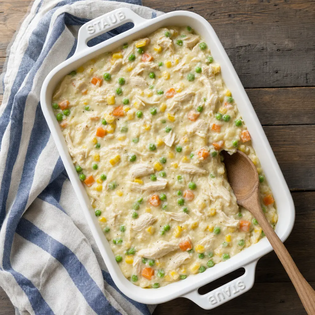 creamy chicken pot pie filling with peas carrots and corn being mixed in baking dish