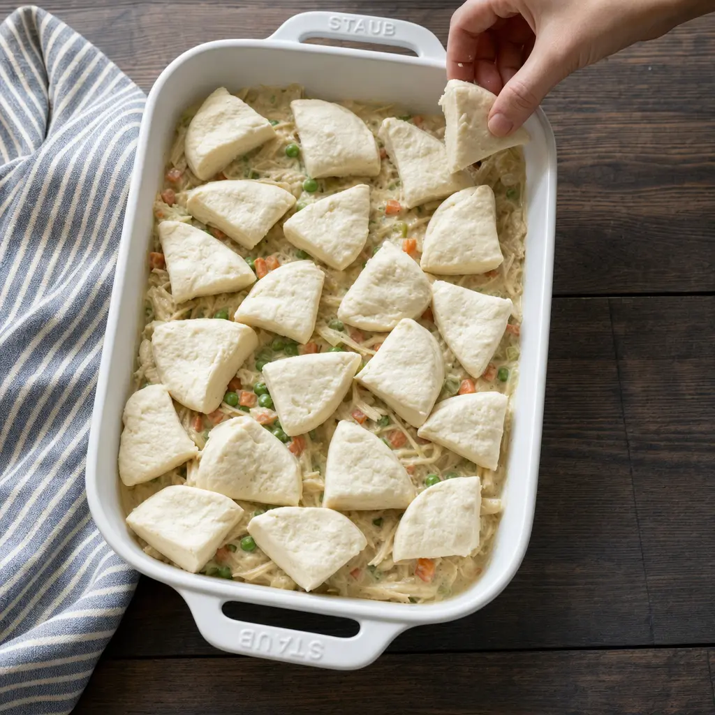 refrigerated Grands biscuit pieces cut in quarters and placed over creamy chicken filling