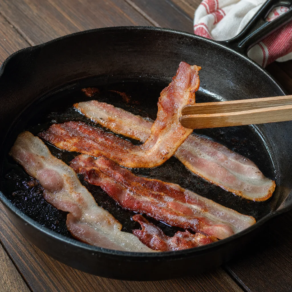 bacon strips cooking until crispy in cast iron skillet for crack chicken casserole