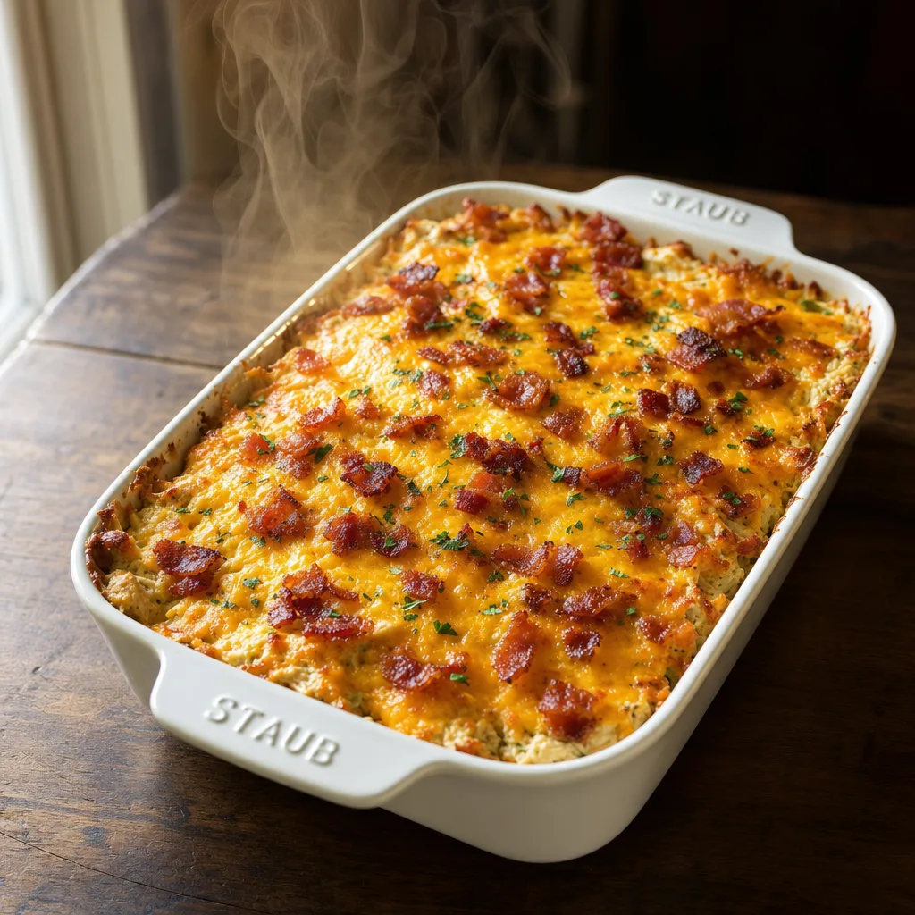 crack chicken casserole just out of oven with golden bubbly cheddar and crispy bacon in Staub dish