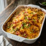 crack chicken casserole in white Staub dish with golden cheddar bacon and green onions